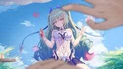 Rule 34 | 1boy, 1girl, absurdres, bare shoulders, blue sky, blurry, blurry foreground, breasts, caisena, captain (honkai impact), cleavage, closed mouth, cloud, cloudy sky, earrings, green eyes, green hair, half-closed eyes, heart, highres, honkai (series), honkai impact 3rd, jewelry, long hair, looking at viewer, medium breasts, mobius (daughter of corals) (honkai impact), mobius (honkai impact), one-piece swimsuit, outdoors, palm leaf, palm tree, pov, pov hands, single earring, sky, smile, swimsuit, tree, twintails, wavy hair