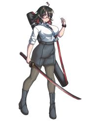 Rule 34 | 1girl, ahoge, black footwear, black hair, black shorts, breasts, brups tv, collared shirt, colored inner hair, commentary, english commentary, enma-chan, full body, high-waist shorts, highres, holding, holding sword, holding weapon, hololive, hololive english, id card, katana, looking at viewer, medium breasts, multicolored hair, pantyhose, red hair, shirt, shirt tucked in, shorts, solo, streaked hair, sword, takodachi (ninomae ina&#039;nis), virtual youtuber, watch, weapon, white background, white shirt, wristwatch