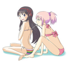 Rule 34 | 10s, 2girls, akemi homura, alternate costume, arched back, ass, barefoot, between legs, bikini, bikini in mouth, black hair, blush, bow, clothes in mouth, covering breasts, covering privates, hair ornament, hair ribbon, hand between legs, kaname madoka, leaning forward, lingerie, long hair, looking back, mahou shoujo madoka magica, mahou shoujo madoka magica (anime), makoto (dandelion), mouth hold, multicolored stripes, multiple girls, open mouth, pink hair, polka dot, polka dot bikini, polka dot swimsuit, ponytail, purple eyes, red eyes, ribbon, scrunchie, short hair, side-tie bikini bottom, simple background, sitting, string bikini, striped bikini, striped clothes, summer, swimsuit, twintails, underwear, untied bikini, untying, wariza