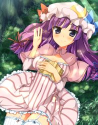 Rule 34 | 1girl, adapted costume, blush, book, bow, breasts, capelet, crescent, crescent moon, dress, female focus, garter belt, garter straps, grass, hair bow, hair ornament, hair ribbon, hat, long hair, looking at viewer, lying, medium breasts, moon, on back, patchouli knowledge, purple hair, ribbon, smile, solo, teruteru-deru, thighhighs, touhou, waving, zettai ryouiki