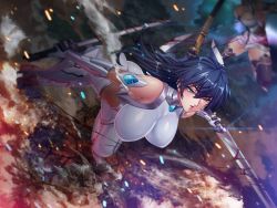 Rule 34 | 2girls, action taimanin, ass, axe, bare shoulders, battle axe, blue hair, bodysuit, boots, breasts, city, curvy, game cg, holding, holding weapon, huge ass, igawa asagi, jumping, kagami hirotaka, katana, large breasts, lilith-soft, long hair, looking away, multiple girls, serious, shiny skin, sky, sword, taimanin (series), taimanin asagi, team, weapon, yatsu murasaki