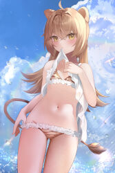 Rule 34 | 1girl, ahoge, animal ears, bare arms, bikini, blush, brown hair, clothes in mouth, clothes lift, cowboy shot, crossed bangs, frilled bikini, frills, hair between eyes, indie virtual youtuber, lifted by self, lion ears, lion girl, lion tail, long hair, looking at viewer, mouth hold, mujinbensin, print bikini, revision, rurudo lion, shirt, shirt in mouth, shirt lift, solo, standing, swimsuit, tail, thighs, virtual youtuber, white shirt, yellow eyes