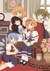 Rule 34 | 4girls, :d, :o, alice margatroid, analog clock, armchair, barefoot, black footwear, black headwear, blonde hair, blue dress, blue eyes, blue hair, blue wings, bob cut, bow, bowtie, braid, cabinet, capelet, carpet, chair, character doll, cirno, clenched hand, clock, closed mouth, curtains, daiyousei, detached wings, doll, drawer, drawing (object), dress, eyes visible through hair, fairy, fairy wings, flower, frilled bow, frilled hairband, frilled shirt collar, frills, from side, full body, green bow, green hair, hair between eyes, hairband, hand up, hat, hat bow, high collar, highres, holding, holding clothes, holding doll, holding hat, kirisame marisa, legs together, lolita hairband, long dress, long sleeves, looking at viewer, looking to the side, mary janes, multiple girls, muted color, neck ribbon, on chair, on floor, open mouth, picture frame, pinafore dress, pink flower, puffy long sleeves, puffy short sleeves, puffy sleeves, red bow, red bowtie, red hairband, red ribbon, renzaoshen, retro artstyle, ribbon, room, seiza, shoes, short hair, short ponytail, short sleeves, side braid, side ponytail, single braid, sitting, sleeveless, sleeveless dress, smile, spool, standing, swept bangs, tareme, touhou, unworn hat, unworn headwear, vase, white bow, white capelet, white legwear, window, wing collar, wings, witch hat, yellow bow, yellow eyes, | |