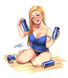 Rule 34 | 1girl, :d, artist name, bare legs, barefoot, beer can, blonde hair, blue camisole, blue eyes, blush, breasts, camisole, can, cleavage, commission, copyright request, drink can, drunk, head tilt, highres, holding, holding can, large breasts, looking at viewer, mole, mole on breast, mole on thigh, mole under mouth, nose blush, open mouth, panties, purple panties, round teeth, signature, simple background, skeb commission, smile, solo, strap slip, tachibana roku, teeth, underwear, upper teeth only, white background, wooden floor