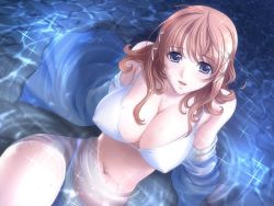 Rule 34 | 1girl, 7 online, bikini, bikini under clothes, blue eyes, breasts, brown hair, cleavage, covered erect nipples, dutch angle, from above, game cg, hair ornament, hairclip, huge breasts, large breasts, long hair, looking up, nagaregawa kohane, navel, night, off shoulder, open clothes, open shirt, orange hair, reclining, sano toshihide, shichinin no online gamers, shirt, sitting, smile, solo, sparkle, submerged, swimsuit, swimsuit under clothes, wading, water, wavy hair, wet, wet clothes, white bikini