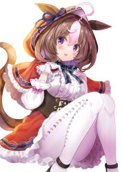 Rule 34 | 1girl, :d, ahoge, animal ears, black footwear, blue bow, bow, breasts, brown hair, capelet, center frills, commentary request, convenient leg, ears through headwear, feet out of frame, frilled capelet, frilled skirt, frills, gloves, hair between eyes, hands up, hood, hood up, hooded capelet, horse ears, horse girl, horse tail, knees together feet apart, knees up, large breasts, looking at viewer, meisho doto (umamusume), motoi ayumu, multicolored hair, open mouth, pantyhose, purple eyes, red capelet, red skirt, shirt, shoes, simple background, skirt, smile, solo, striped, striped bow, tail, tail raised, two-tone hair, umamusume, white background, white gloves, white hair, white pantyhose, white shirt
