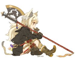Rule 34 | 1girl, 2014, animal ears, axe, blonde hair, boots, cat ears, cat tail, dated, eating, gloves, knife, long hair, long sleeves, mota, original, red eyes, school uniform, serafuku, simple background, sitting, skirt, solo, tail, weapon, white background