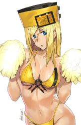 Rule 34 | 1girl, ashiomi masato, blonde hair, blue eyes, breasts, cleavage, guilty gear, guilty gear xrd, hat, large breasts, long hair, looking at viewer, millia rage, orange hat, pom pom (cheerleading), simple background, solo, swimsuit, white background