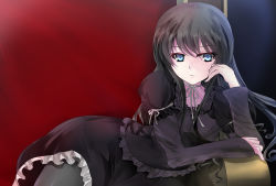 Rule 34 | 1girl, arm ribbon, black dress, black hair, blue eyes, choker, closed mouth, discharge view, dress, frilled dress, frills, frown, gothic lolita, grey pantyhose, grey ribbon, hair between eyes, lolita fashion, long hair, long sleeves, looking at viewer, minamiya natsuki, pantyhose, ribbon, ribbon choker, solo, strike the blood, very long hair
