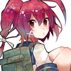 Rule 34 | 10s, 1girl, back, backpack, bad id, bad twitter id, bag, blouse, hair ornament, hair ribbon, i-168 (kancolle), itomugi-kun, kantai collection, long hair, looking back, open mouth, ponytail, red eyes, red hair, ribbon, school swimsuit, school uniform, serafuku, shirt, solo, swimsuit, swimsuit under clothes