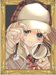 Rule 34 | 1girl, adjusting clothes, adjusting headwear, blonde hair, blue eyes, border, brown coat, chajo1225, coat, detective, eyelashes, hair ornament, hairpin, hat, highres, hololive, hololive english, looking at viewer, necktie, ornate border, outside border, picture frame, portrait, red necktie, short hair, smile, solo, stethoscope, teeth, virtual youtuber, watson amelia, watson amelia (1st costume)