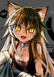 Rule 34 | 1girl, :3, :d, animal ears, animal hands, bell, brown hair, cat ears, cat tail, choker, grey background, hair between eyes, highres, jewelry, jingle bell, komota (kanyou shoujo), looking at viewer, neck bell, open mouth, original, pendant, pov, simple background, slit pupils, smile, solo focus, spoken symbol, tail, twitter username, yellow eyes