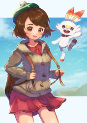 Rule 34 | 1girl, :d, absurdres, backpack, bag, bob cut, brown bag, brown eyes, brown hair, buttons, cable knit, cardigan, cloud, collared dress, commentary request, creatures (company), day, dress, game freak, gen 8 pokemon, gloria (pokemon), green headwear, grey cardigan, hat, highres, hinatanoronda, holding strap, hooded cardigan, letterboxed, looking at viewer, nintendo, open mouth, outdoors, outside border, pink dress, pokemon, pokemon (creature), pokemon swsh, scorbunny, short hair, sky, smile, tam o&#039; shanter, teeth, tongue, upper teeth only