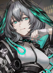 Rule 34 | 1girl, aqua eyes, arknights, between breasts, breasts, coat, dress, feathered wings, fingerless gloves, gloves, grey hair, hair between eyes, head wings, ho&#039;olheyak (arknights), large breasts, long sleeves, looking at viewer, melundago, open clothes, solo, strap between breasts, upper body, white dress, white gloves, wings
