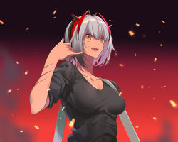 Rule 34 | 1girl, :d, antennae, arknights, black shirt, breasts, chinese commentary, collarbone, commentary request, embers, hand up, highres, horns, looking at viewer, medium breasts, official alternate costume, open mouth, orange eyes, scar, scar on arm, shaka sign, shijie jianfa, shirt, short hair, short sleeves, silver hair, smile, solo, upper body, w (arknights), w (fugue) (arknights)