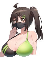Rule 34 | 1girl, ahoge, bikini, breasts, brown eyes, brown hair, cleavage, collarbone, commission, glasses, green bikini, hair between eyes, hair ornament, hairclip, hand on own cheek, hand on own face, highres, huge breasts, looking at viewer, mask, original, side ponytail, simple background, solo, swimsuit, ugwa, upper body, white background