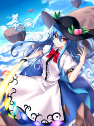 Rule 34 | &gt;:), 1girl, black headwear, blouse, blue hair, blue skirt, blue sky, bow, bowtie, breasts, center frills, cloud, commentary, cowboy shot, day, food, frills, fruit, hair between eyes, hand up, hinanawi tenshi, holding, holding sword, holding weapon, keystone, koissa, leaf, long hair, looking at viewer, medium breasts, outdoors, peach, petticoat, red bow, red bowtie, red eyes, shirt, skirt, sky, smile, solo, sword, sword of hisou, touhou, v-shaped eyebrows, weapon, white shirt
