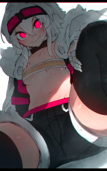 Rule 34 | 1girl, absurdres, bandeau, black shorts, black thighhighs, breasts, choker, closed mouth, covered erect nipples, dutch angle, glowing, glowing eyes, goggles, goggles on head, highres, jacket, letterboxed, looking at viewer, medium hair, navel, niwamaru (niwarhythm), niwarhythm, open clothes, open jacket, original, pink eyes, sanpaku, shorts, simple background, sitting, small breasts, smile, solo, stomach, thighhighs, white background, white hair
