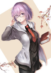 Rule 34 | 1girl, :o, adjusting eyewear, autumn leaves, between breasts, black-framed eyewear, black dress, black pantyhose, book, branch, breasts, collared dress, commentary request, dress, eyes visible through hair, fate/grand order, fate (series), glasses, grey jacket, hair over one eye, highres, holding, holding book, hood, hood down, hooded jacket, jacket, leaf, light purple hair, looking at viewer, mash kyrielight, medium breasts, multicolored clothes, multicolored jacket, necktie, necktie between breasts, open clothes, open jacket, pantyhose, pocket, purple eyes, red necktie, short hair, solo, two-tone jacket, white jacket, xxxxxxeliza