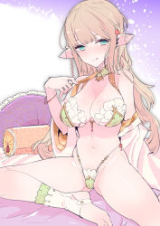Rule 34 | 1girl, ;q, arm at side, arm support, armor, bare shoulders, barefoot, bed, bed sheet, bikini, bikini armor, blunt bangs, bracelet, braid, breasts, brown hair, cleavage, detached collar, detached sleeves, elf, flower, frilled pillow, frills, gluteal fold, green eyes, groin, hair flower, hair ornament, hand up, highleg, highleg bikini, jewelry, large breasts, licking lips, long hair, looking at viewer, mole, mole on breast, navel, on bed, one eye closed, original, pillow, pointy ears, side braids, sitting, smile, solo, swimsuit, tajima ryuushi, toeless legwear, tongue, tongue out, very long hair, white bikini, white legwear