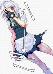 Rule 34 | 1girl, abs, apron, bad id, bad twitter id, black gloves, bow, braid, dutch angle, fingerless gloves, gloves, green bow, hair bow, izayoi sakuya, jojo pose, looking at viewer, maid headdress, muscular, muscular female, pink eyes, short sleeves, silver hair, solo, standing, touhou, twin braids, waist apron
