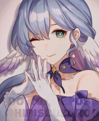 Rule 34 | 1girl, ;), blue hair, choker, commentary, dress, gloves, green eyes, grey background, honkai: star rail, honkai (series), long hair, looking at viewer, off-shoulder dress, off shoulder, one eye closed, own hands together, purple choker, robin (honkai: star rail), simple background, smile, solo, tana (tanabio), upper body, white gloves