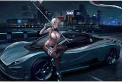 Rule 34 | 1girl, absurdres, alina novikov, black footwear, black thighhighs, breasts, building, car, checkered flag, city, cityscape, closed mouth, commentary, commission, flag, gloves, grey eyes, highres, holding, holding flag, holding pole, kcar66t, large breasts, light brown hair, looking at viewer, motor vehicle, navel, night, night sky, original, outdoors, pixiv commission, pole, race queen, river, road, short hair, sitting, sky, skyscraper, solo, sports car, thighhighs, tomboy, vehicle focus, vehicle request, white gloves