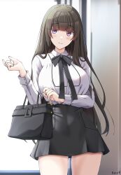 Rule 34 | 1girl, artist name, bag, black bow, black necktie, black skirt, blunt bangs, blush, bow, bowtie, breasts, brown hair, casual, commission, hair intakes, handbag, highres, impossible clothes, keenh, kondou ayaka (rc f), large breasts, long hair, looking at viewer, necktie, original, pink eyes, shirt, sidelocks, signature, skirt, smile, solo, white shirt, wrist cuffs