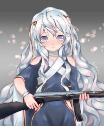 Rule 34 | 1girl, absurdres, assault rifle, automatic rifle, blue eyes, blush, cha fen, closed mouth, collarbone, dated, eyebrows, girls&#039; frontline, gun, highres, holding, holding gun, holding weapon, long hair, ribeyrolles (girls&#039; frontline), ribeyrolles 1918, rifle, silver hair, solo, upper body, weapon