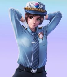 Rule 34 | 1girl, adjusting hair, animal print, arms behind head, arms up, bad id, bad pixiv id, belt, black pants, blue background, blue shirt, breast pocket, breasts, brown eyes, brown hair, collared shirt, commentary, cowboy shot, d.va (overwatch), facepaint, facial mark, female service cap, gloves, gradient background, lips, long hair, long sleeves, looking to the side, necktie, nose, officer d.va, official alternate costume, overwatch, overwatch 1, pants, pink lips, pocket, police, police uniform, policewoman, purple background, rabbit print, shirt, small breasts, solo, striped, striped necktie, striped neckwear, tying hair, uniform, whisker markings, white background, white gloves, yuyumk2