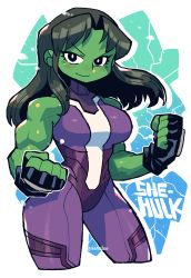 Rule 34 | 1girl, absurdres, animification, black gloves, breasts, character name, clenched hands, colored skin, fingerless gloves, gloves, green eyes, green hair, green skin, highres, large breasts, looking at viewer, marvel, muscular, muscular female, rariatto (ganguri), she-hulk, solo, superhero costume, white background
