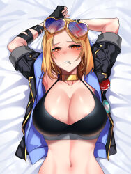 Rule 34 | 1girl, absurdres, alternate breast size, arms up, black gloves, black jacket, black sports bra, black survival, blonde hair, blue-tinted eyewear, blush, breasts, brown eyes, cleavage, collarbone, commentary request, commission, cropped jacket, dogs (dlrkdejr26), eternal return: black survival, eyewear on head, fingerless gloves, gloves, hart floyd, heart, heart-shaped eyewear, highres, jacket, korean commentary, large breasts, looking at viewer, lying, multiple piercings, navel, on back, open clothes, open jacket, pixiv commission, short hair, short sleeves, solo, sports bra, stomach, sunglasses, tinted eyewear