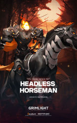 Rule 34 | androgynous, armor, black armor, black horse, commentary, english commentary, fire, forest, grimlight, headless, headless horseman (grimlight), highres, knight, long hair, nature, official art, solo