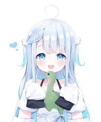 Rule 34 | 1girl, :d, ahoge, amatsuka uto, bare shoulders, blue eyes, blue hair, blush, collarbone, commentary, deyui, english commentary, gradient hair, hair ornament, hairclip, hands up, heart, highres, indie virtual youtuber, loch ness monster, long hair, long sleeves, multicolored hair, open mouth, silver hair, simple background, sleeves past fingers, sleeves past wrists, smile, solo, stuffed toy, teeth, two side up, upper body, upper teeth only, virtual youtuber, white background, wing hair ornament