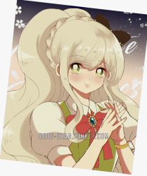 Rule 34 | 1990s (style), 1girl, black bow, blonde hair, blush, bow, braid, closed mouth, collared shirt, commentary, criis-chan, danganronpa (series), danganronpa 2: goodbye despair, dress, gem, green eyes, long hair, looking at viewer, own hands clasped, own hands together, pinafore dress, ponytail, puffy short sleeves, puffy sleeves, red bow, retro artstyle, shirt, short sleeves, sleeveless dress, smile, solo, sonia nevermind, symbol-only commentary, twitter username, upper body