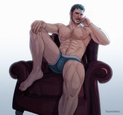 Rule 34 | 1boy, abs, armpit hair, artist name, bara, black hair, black male underwear, briefs, chest hair, chris redfield, closed mouth, couch, facial hair, highres, large pectorals, leg up, male focus, male underwear, manly, muscular, muscular male, navel, navel hair, nipples, pectorals, resident evil, resident evil village, short hair, simple background, sitting, solo, thedamnthinguy, thighs, underwear, white background