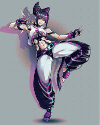 Rule 34 | 1girl, abs, belt, bracelet, breasts, candy, capcom, cleavage, diagonal bangs, drill hair, fer yoshimiya, fighting stance, food, han juri, highres, holding, holding candy, holding food, holding lollipop, jewelry, large breasts, lollipop, looking at viewer, multicolored hair, navel, simple background, solo, spiked bracelet, spikes, streaked hair, street fighter, street fighter 6, toned female, twin drills, yin yang