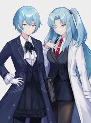 2girls angela_(project_moon) ascot black_skirt black_vest blue_coat blue_hair breasts brown_pantyhose coat collared_shirt cowboy_shot dual_persona frilled_skirt frilled_sleeves frills gloves highres konoeda lab_coat lapels large_breasts library_of_ruina lobotomy_corporation long_hair looking_at_viewer multiple_girls necktie notched_lapels one_eye_closed one_side_up open_mouth pantyhose parted_bangs pencil_skirt project_moon red_necktie shirt sidelocks skirt very_long_hair vest white_ascot white_coat white_gloves white_shirt yellow_eyes