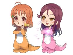 Rule 34 | 2girls, :d, :o, ahoge, beniko08, blush, bow, braid, chibi, clover hair ornament, commentary request, dinosaur costume, energy, food, fruit, hair bow, hair ornament, hairclip, highres, long hair, long sleeves, looking at another, looking at viewer, love live!, love live! sunshine!!, mandarin orange, multiple girls, one side up, open mouth, orange hair, red eyes, red hair, sakurauchi riko, short hair, side braid, simple background, smile, standing, takami chika, white background, yellow bow, yellow eyes