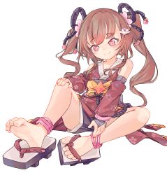Rule 34 | 1girl, bare shoulders, barefoot, bow, brown hair, chaosexceed, closed mouth, detached sleeves, eyelashes, feet, floral print, flower, foreshortening, full body, geta, hair flower, hair ornament, hand on own knee, highres, japanese clothes, kimono, knee up, legs, obi, on ground, original, pink eyes, print kimono, sandals, sash, shorts, simple background, single sandal, sitting, smile, soles, solo, toe scrunch, toenails, toes, twintails, white background, yellow bow