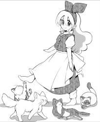 Rule 34 | 1980s (style), 1boy, 1girl, animal, apron, back bow, bad id, bad twitter id, black cat, bow, breasts, buttons, cat, closed mouth, curly hair, ellen (touhou), full body, greyscale, hair bow, happy, highres, long hair, looking at viewer, monochrome, oldschool, puffy short sleeves, puffy sleeves, retro artstyle, shirt, short sleeves, skirt, small breasts, smile, socks, sokrates (touhou), takemoto izumi (style), too many, too many cats, touhou, very long hair, vest, waist apron, walking, white cat, yatyou