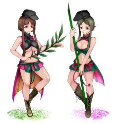 Rule 34 | 2girls, adapted costume, aoshima, bamboo, bare arms, bare shoulders, blunt bangs, boots, breasts, brown footwear, brown hair, cleavage, closed mouth, full body, green eyes, green hair, green ribbon, green skirt, greyscale, grin, highres, holding, holding weapon, knee boots, large breasts, long hair, medium breasts, microskirt, monochrome, multiple girls, navel, nishida satono, no socks, open mouth, parted lips, pink eyes, pink ribbon, pink skirt, polearm, revealing clothes, ribbon, sidelocks, simple background, skirt, sleeveless, smile, spear, standing, stomach, tassel, teeth, teireida mai, touhou, underboob, weapon, white background