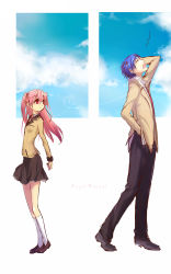 Rule 34 | 10s, 1boy, 1girl, alternate costume, angel beats!, back-to-back, blue hair, closed eyes, height difference, highres, hinata hideki, kimura shiki, long hair, md5 mismatch, pink hair, red eyes, school uniform, short hair, twintails, two side up, yui (angel beats!)