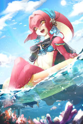 Rule 34 | 1girl, :d, black ribbon, blue sky, breasts, colored skin, commentary request, coral, day, fins, fish girl, hair ornament, happy, highres, innertube, jewelry, kandori makoto, long hair, looking at viewer, mipha, monster girl, multicolored skin, nintendo, no eyebrows, open mouth, outdoors, pointy ears, red hair, red skin, ribbon, sitting, sky, smile, soaking feet, solo, swim ring, teeth, the legend of zelda, the legend of zelda: breath of the wild, water, yellow eyes, zora