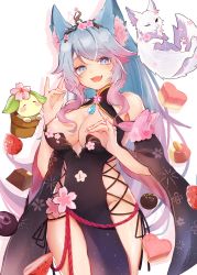 Rule 34 | 1girl, 2others, absurdres, animal, animal ears, bare shoulders, blue eyes, blue hair, blush, breasts, chocolate, creature, detached sleeves, fang, flower pot, food, fruit, hair ornament, highres, japanese clothes, kimono, large breasts, long hair, multicolored hair, multiple others, no bra, no panties, one eye closed, otofu tea, pink hair, revealing clothes, silvervale, strawberry, tagme, virtual youtuber, vshojo