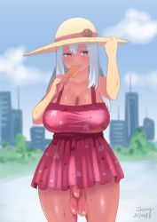 Rule 34 | 10s, 1futa, 2017, artist name, blush, breasts, canavalia, cloud, covered erect nipples, dated, dress, flaccid, food, foreskin, futanari, hat, huge breasts, long hair, no bra, no panties, outdoors, penis, pink dress, pink eyes, popsicle, sagging breasts, shiny skin, sidelocks, solo, standing, sweat, testicles, thighs, uncensored, white hair, zheng