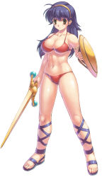 Rule 34 | 1girl, abs, ankle lace-up, armor, bikini armor, blue hair, cameltoe, cross-laced footwear, female focus, gladiator sandals, highres, navel, princess athena, sandals, shield, smile, snk, solo, sword, the king of fighters, toned, uchiu kazuma, weapon, yellow eyes
