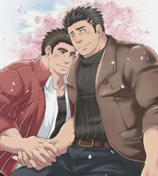 Rule 34 | 2boys, alternate costume, bara, beard, belt, black pants, black sweater, blush, brown belt, bulge, casual, cherry blossoms, commission, contemporary, couple, facial hair, holding hands, jacket, leaning on person, leather, leather jacket, long sideburns, male focus, protagonist 3 (housamo), mature male, multiple boys, muscular, muscular male, open clothes, open jacket, open shirt, pants, pectorals, petals, second-party source, short hair, sideburns, skeb commission, smile, stubble, sunfight0201, sweater, tokyo houkago summoners, yaoi, zabaniyya (housamo)
