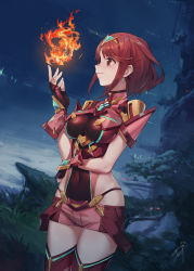 Rule 34 | 1girl, armor, breasts, closed mouth, covered navel, cowboy shot, earrings, fingerless gloves, fire, fire, gem, gloves, hand up, headpiece, highres, impossible clothes, impossible leotard, jewelry, leotard, medium breasts, night, night sky, nintendo, outdoors, profile, pyra (xenoblade), pyrokinesis, red eyes, red gloves, red hair, red leotard, red shorts, red thighhighs, short hair, short shorts, shorts, shoulder armor, shoulder pads, sidelocks, skin tight, skindentation, sky, smile, solo, standing, tareme, thighhighs, tugo, wrist guards, xenoblade chronicles (series), xenoblade chronicles 2