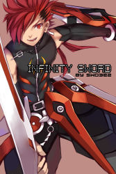 Rule 34 | 1boy, armor, artist name, bad id, bad pixiv id, belt, black gloves, dual wielding, elbow gloves, elsword, elsword (character), gloves, hair over one eye, highres, holding, infinity sword (elsword), jewelry, long hair, male focus, necklace, pants, pink background, ponytail, red eyes, red hair, simple background, smile, solo, swd3e2, sword, weapon